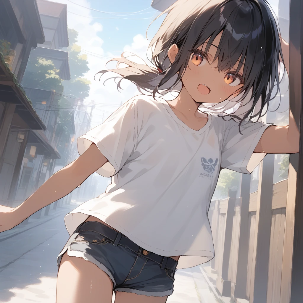 score_9, score_8_up, score_7_up, source_anime, best quality, masterpiece, official art, absurdres, highres, ultra-detailed,waifu2x,Collection: Slice of Life,break,1girl, tomboy, dark-skinned female, short hair, low ponytail, flat chest, beautiful detailed eyes, short shorts, sweat, open mouth, (yawn:0.3), sleepily, outdoors, wind,break,(clear line illustration:1.2), super detailed skin,very high resolution, very aesthetic, Best sexual lighting powered by famous artist, 8k,cute picture,beauty illustration,photoshop_(medium),,(Detailed Lighting),best anime 8k konachan wallpaper, pixiv contest winner,