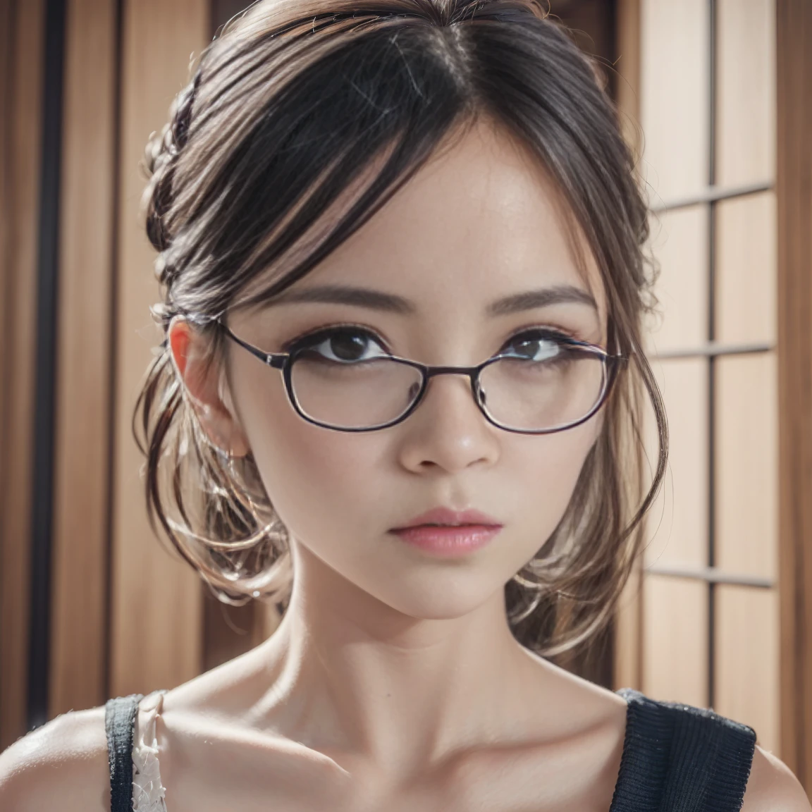 1girl, standing in Japanese style living room, 4'10" stature, and delicate figure, long black hair in half updo, cute pouty face, wearing a cropped sweater, ripped skinny jeans, large black-rimmed glasses, full body portrait, living room view, barefoot, (best quality, 4k, 8k, highres,masterpiece:1.2), ultra-detailed, (realistic,photorealistic ,photo-realistic:1.37), detailed eyes, detailed lips, detailed eyes, extremely detailed face and features, long eyelashes, natural lighting, warm color tone, soft focus, cinematic composition