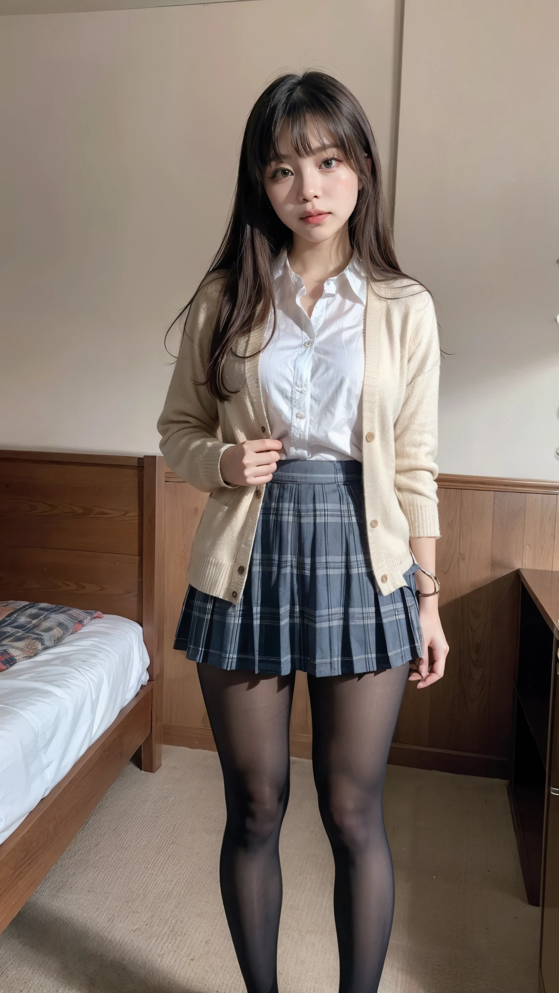 (((8k、High resolution、Highest quality、High resolution)))alone、Natural body shape、White skin、Natural Makeup、((Black Hair、bangs、Straight Long Hair))、(((((skirt lift)))))、、(:1.4)、((Detailed Panty Pattern、Panty Focus))、(((((Full body photo)))))、(((Looking into the camera)))、(((Wear a uniform on the upper body)))、Bedroom、(((Of high school))) 、((white collared long sleeve blouse))、((Beige cardigan))、((Pleated skirt with dark blue plaid pattern、mini skirt、Ultra-realistic pantyhose))、、、((Exposing thighs))