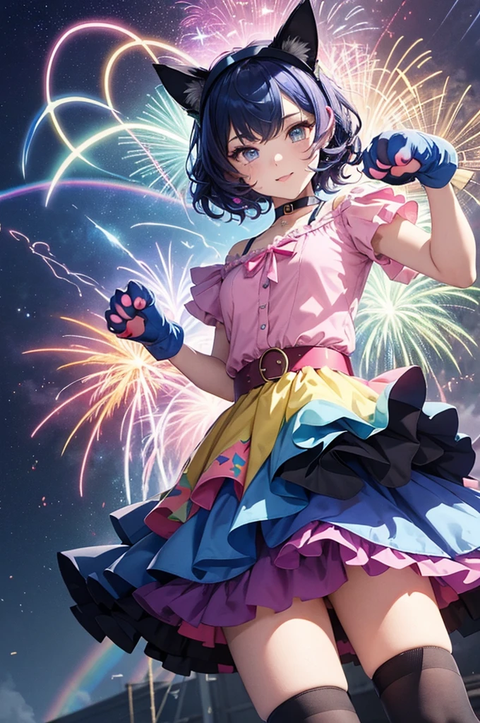 (masterpiece, best quality:1.1),popart style,flat color,(one girl,japanese,,cat-ear headband,((Paw shaped Gloves)),detailed paw gloves,claw pose,BREAK (darkblue hair,wavy-short hair),parallel eyebrows,eyes with large irises, fresh lips, very happy, BREAK (walking on rainbow over the night sky), rainbow fireworks collage art, various fireworks symbols, (blue outline), cmyk palette, fantasy art, BREAK (wearing pink babydoll fashion,heart belt choker blouse,ruffle skirt,millefeuille lace high-socks,pumps),