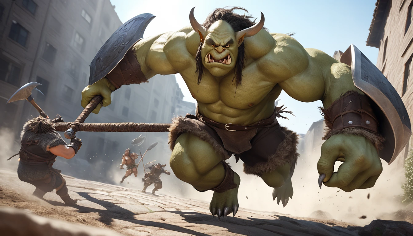 Realistic photos, RAW Photos, ogre, attacks viewer, Powerful movements, jump on prey, ((Dynamic jump)), Sharp Claws, ogre approaching from above, sudden approach, Bad-tempered, dynamic Shot from grand, swing a big ax