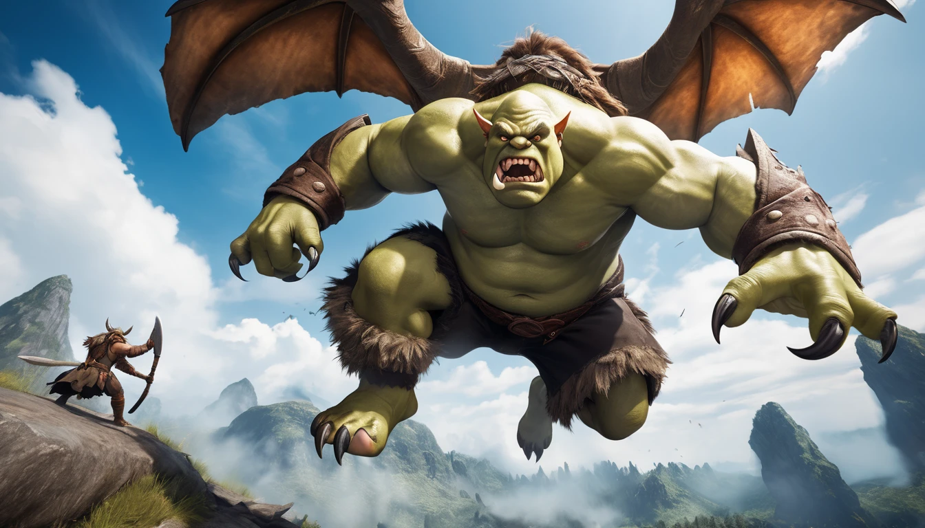 Realistic photos, RAW Photos, ogre, attacks viewer, Powerful movements, jump on prey, ((Dynamic jump)), Sharp Claws, ogre approaching from above, sudden approach, Bad-tempered, dynamic Shot from grand, swing a big ax