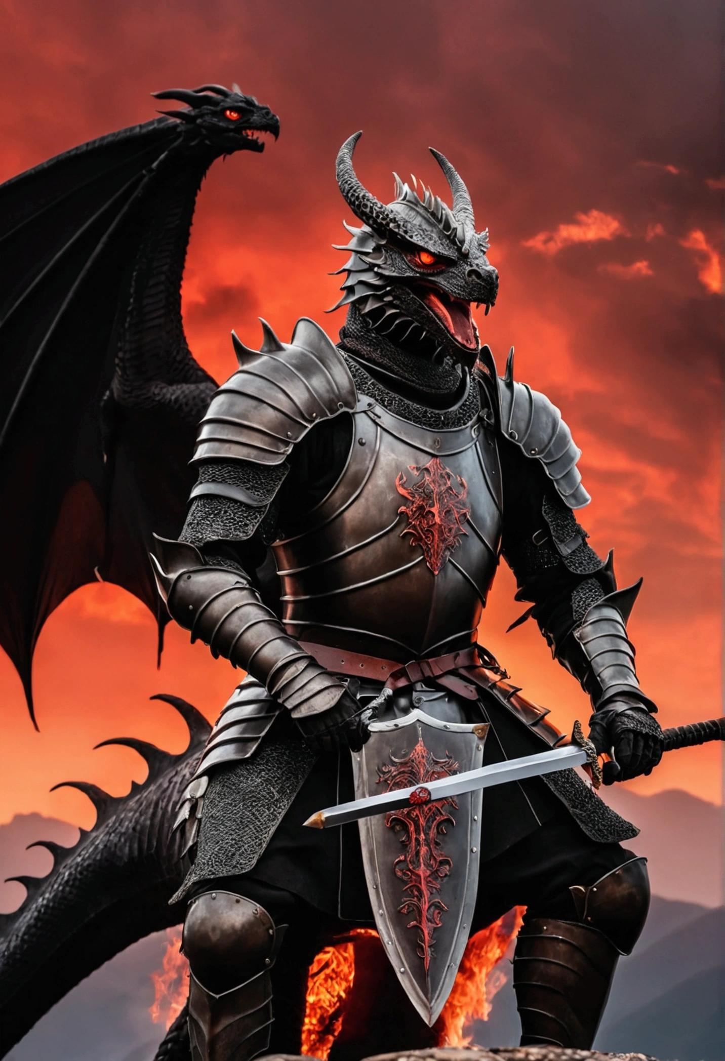 Medieval knight holding sword, on top of a black dragon with fiery eyes, mountains in the background, Red Sky
