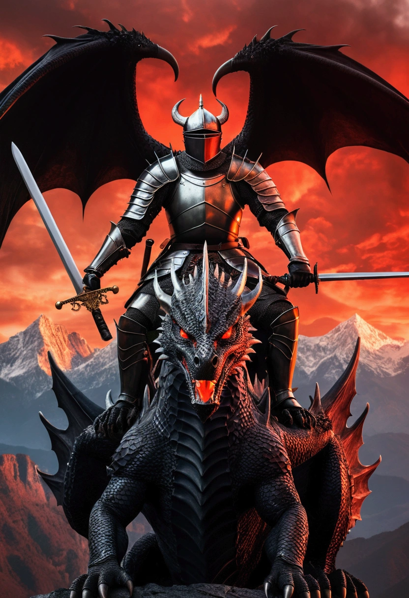 Medieval knight holding sword, on top of a black dragon with fiery eyes, mountains in the background, Red Sky