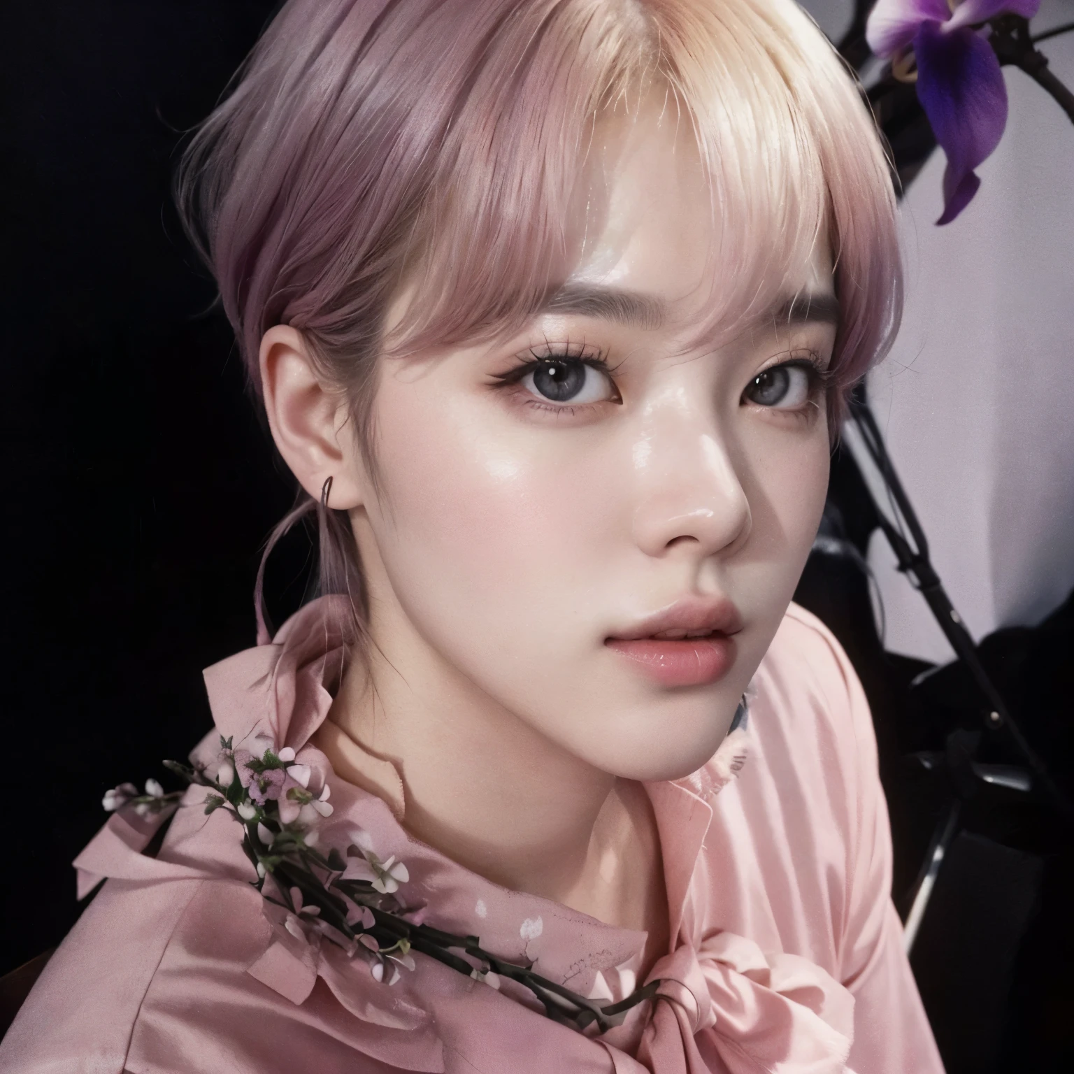 a close-up of a person in a pink shirt and tie, Jimin\fleshy lips, park Jimin, Jimin\the Greek nose, Jimin, Jimin\the right eyelid is swollen, accurate Jimin face, Yoongi with black hair, her face looks like an orchid, Tae June Kim, Retrato de Jossi do Blackpink, hyung tae, yanjun chengt