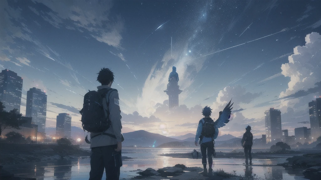 真っ暗なnight空,Octane, star (null), scenery, Blue parakeet,The acoustic guitar is in front of the body.,star, night, A girl and a boy standing back to back, Back view, alone, Outdoor, city,river,Blue parakeet,building, cloud, 天のriver,silhouette