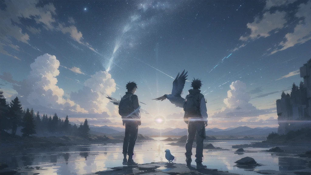 真っ暗なnight空,Octane, star (null), scenery, Blue parakeet,The acoustic guitar is in front of the body.,star, night, A girl and a boy standing back to back, Back view, alone, Outdoor, city,river,Blue parakeet,building, cloud, 天のriver,silhouette