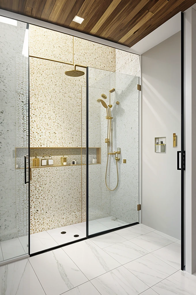 White walled bathroom, white and black terrazzo floor, tempered glass sliding bathroom partition, golden bathroom accessories and wooden bathroom furniture