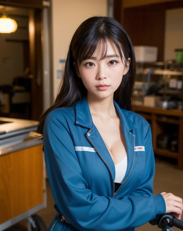 You are a professional photographer。masterpiece、8K、Highest quality, Soft Light, Ultra-high resolution, (Realistic:1.4), RAW Photos,24 years old Japanese girl, alone, cute, Cool women、(pupil, Light in your eyes), Beautiful face in every detail, (Small box),(High resolution detail of human skin texture),Cleavage Auto Repair Shop、mechanic、Work Style、Wearing a jumpsuit、Wear long-sleeved work clothes、Car maintenance
、(Portraiture)