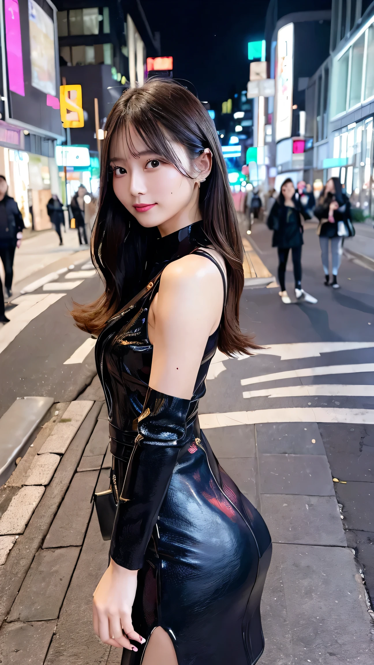 Create an image of a beautiful woman in a stylish, modern outfit, standing on a bustling city street at night. The city lights are bright and colorful, reflecting off nearby buildings and creating a vibrant, energetic atmosphere. The woman is confident and poised, exuding modern sophistication
