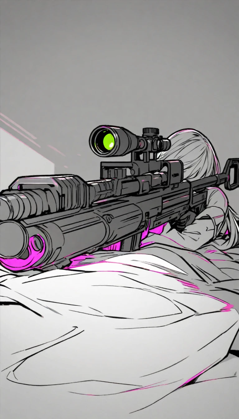 from behind, a female sniper lie down with cover ,(holding sniper-gun), aim something, detailed, protected-color