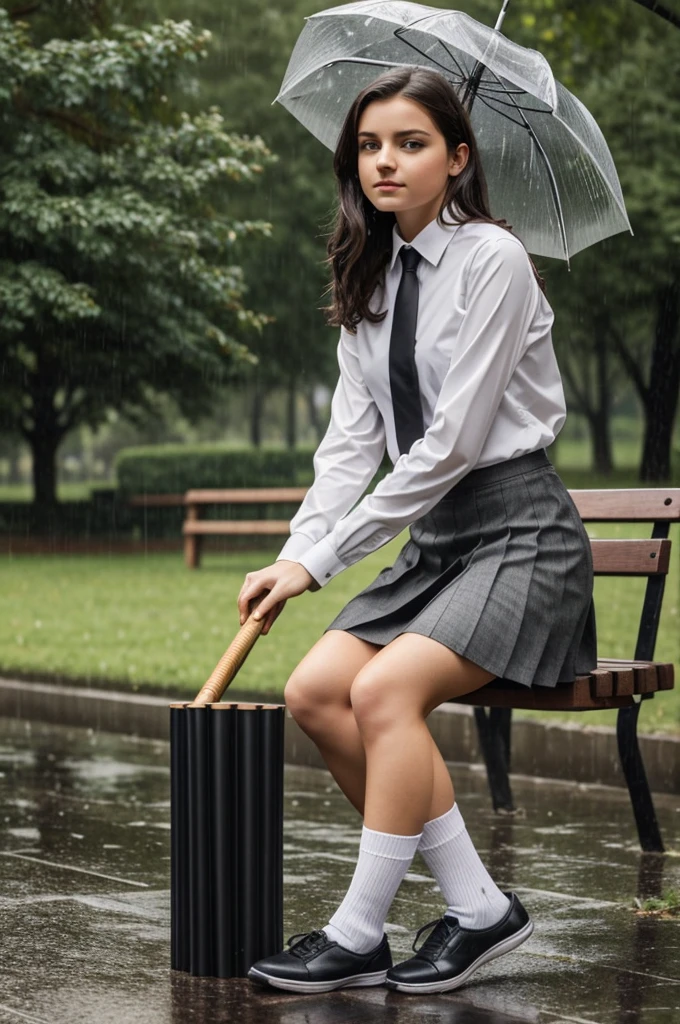Photo of a pretty 18-year-old Caucasian woman, seated in a park on a rainy day. She has short dark hair. She is wearing a dark-grey tie, a fitted white shirt, a short dark-grey pleated skirt, plain white long knee-socks, and black flat shoes. She is playing a didgeridoo, in the rain.