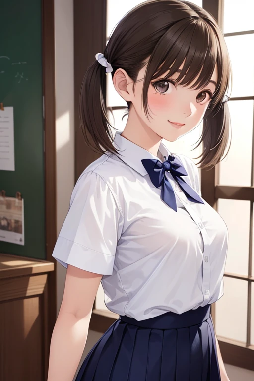 anegasaki nene、Shiny brown hair, short hair, (Beautiful brown eyes、Sparkling eyes, Fine grain)、smile、Ultra-detailed eyes、Highly detailed face, Highly detailed eyes,Cowboy Shot、



(masterpiece:1.2, Highest quality, 8k, Advanced Details), (Realistic, photoRealistic:1.4), Beautiful illustrations, 
Looking at the audience,  Front view:0.6, 

 Beautiful illustrations, Browsing Caution, View Audience, 
  1 girl，, Baby Face，(short hair:1.5, Twin tails:1.7), 
   Beautiful Hair, Beautiful Face, Beautiful details, Beautiful clavicle, Beautiful breasts,Beautiful fingers, ((summer , White shirt:1.1, Dark Blue Skirt, Pleated skirt:1.1,  Dark blue socks, Black Loafers, )), (Beautiful views), School, The wind is blowing, Increase in wind power, 
    (, sexy, Upward glance, かわいいsmile), Glowing Skin, Perfect Face, Cute and symmetrical face, Natural Side Lighting, Cinema Lighting)，