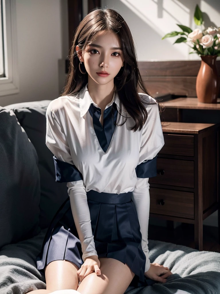 absurdres, RAW photo, extremely delicate and beautiful, masterpiece, Best Quality, ultra high resolution, 32k, hyperrealistic, ultra-detailed, perfect anatomy, super Detailed skin, perfect figure, Super Beauty, Perfect Style, Perfect balance, Beautiful Lighting, Perfect Lightning, Realistic Shadows, 20 years old, very Slim body, narrow waist, very small head, very small face, delicate facial features, handsome detailed woman, very detailed eyes and face, realistic face proportions, Realistic beautiful face, Realistic beautiful eyes, tearful mole, earring, very huge round breasts, legs, medium hair, ((full body shot)), indoor, (school_uniform),