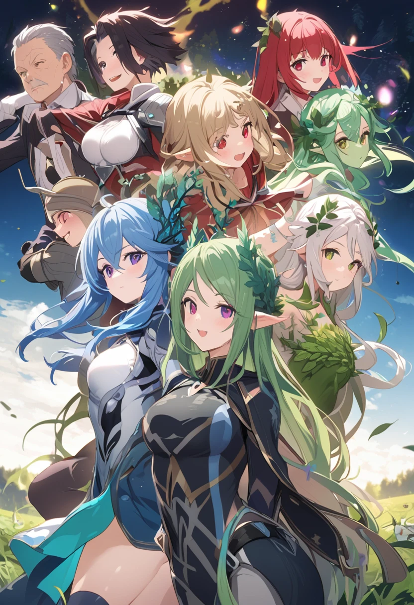girl with short green hair and green eyes in knight green knight armor and white scarf standing atop a green mountain, next to her is a  woman with long green hair and white eyes with small boobsan exposed midriff, naked