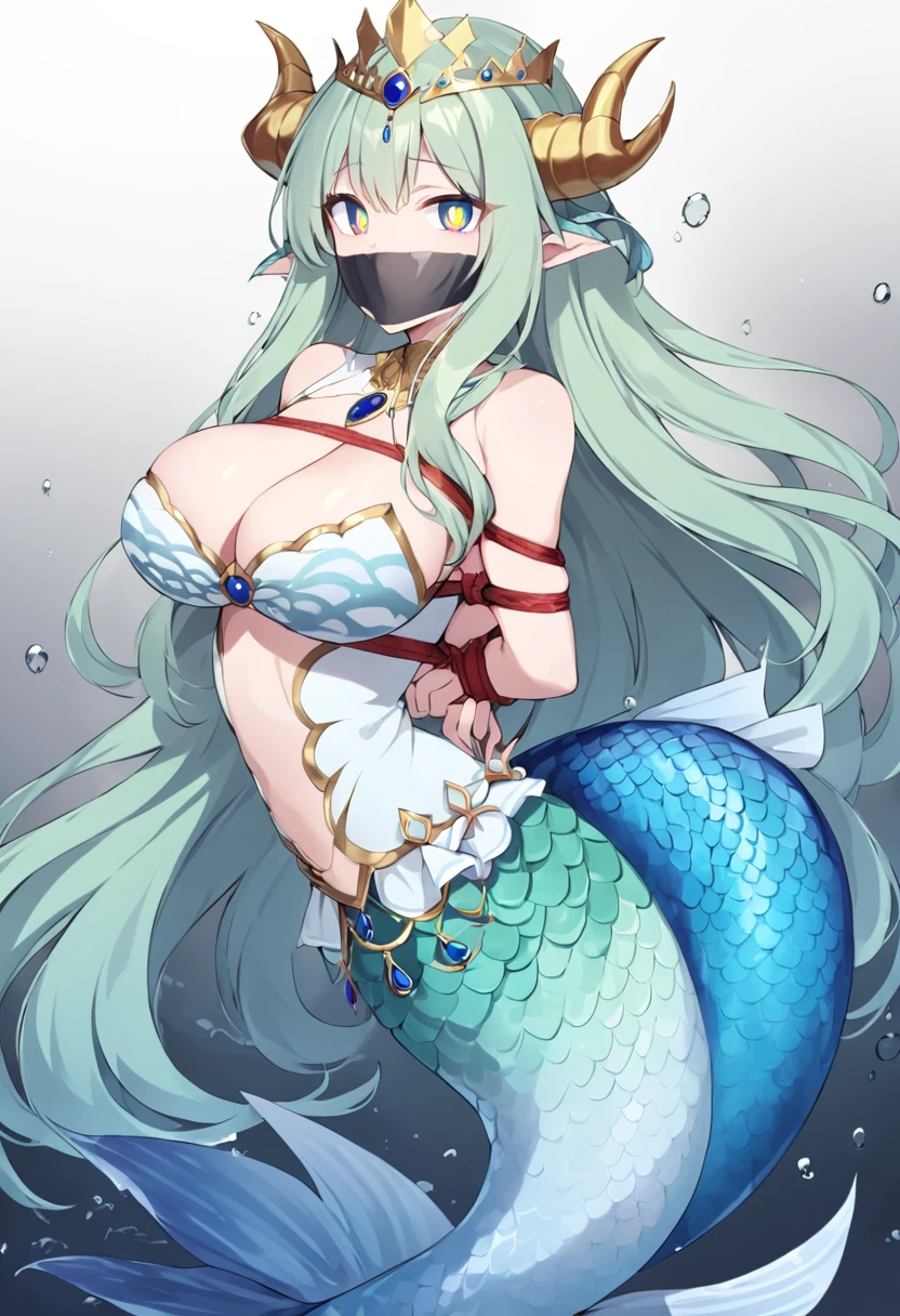 score_9, score_8_up, source_anime, 1girl, solo,The photo features a female character dressed in attire inspired by sea motifs and mythology. She wears a gold crown with horn-like decorations and has long flowing hair with a bluish tint. Her dress is predominantly green and gold, with the lower part resembling fish scales, giving the impression of a mermaid or sea goddess. On her shoulders are ornaments shaped like dragon or sea creature heads. The character also holds a staff adorned with sea elements, completing her grand and mystical appearance. (bound wirsts), (arms behind back), (tapegag, tape gag), dramatic,  (looking at viewer), (detailed pupils:1.3), ,red rope, thick rope,big breast, 