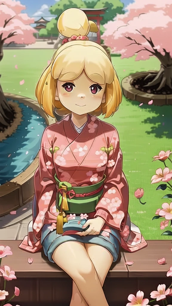 (Isabelle \(Protect animals\):1.1), (masterpiece, best quality:1.15), 1 Girl, Solitary, Small Breasts, Looking at the audience, Maroon eyes, permanent, Cross your legs, Even attract, Killer sweater, jeans, sky, picturesque, Idyllic, outdoor, Cherry blossoms, Tree, Japanese Architecture, garden, pink, Flowers, petal, falling petal, Japanese Garden, used to be, Cherry blossoms, Long hair, French Braid, Ahog, affectionate, Small heads, Small Eyes, Flat nose