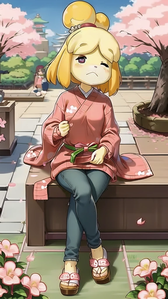 (Isabelle \(Protect animals\):1.1), (masterpiece, best quality:1.15), 1 Girl, Solitary, Small Breasts, Looking at the audience, Maroon eyes, permanent, Cross your legs, Even attract, Killer sweater, jeans, sky, picturesque, Idyllic, outdoor, Cherry blossoms, Tree, Japanese Architecture, garden, pink, Flowers, petal, falling petal, Japanese Garden, used to be, Cherry blossoms, Long hair, French Braid, Ahog, affectionate, Small heads, Small Eyes, Flat nose