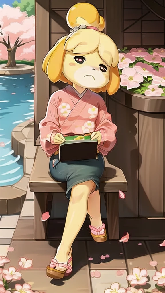 (Isabelle \(Protect animals\):1.1), (masterpiece, best quality:1.15), 1 Girl, Solitary, Small Breasts, Looking at the audience, Maroon eyes, permanent, Cross your legs, Even attract, Killer sweater, jeans, sky, picturesque, Idyllic, outdoor, Cherry blossoms, Tree, Japanese Architecture, garden, pink, Flowers, petal, falling petal, Japanese Garden, used to be, Cherry blossoms, Long hair, French Braid, Ahog, affectionate, Small heads, Small Eyes, Flat nose