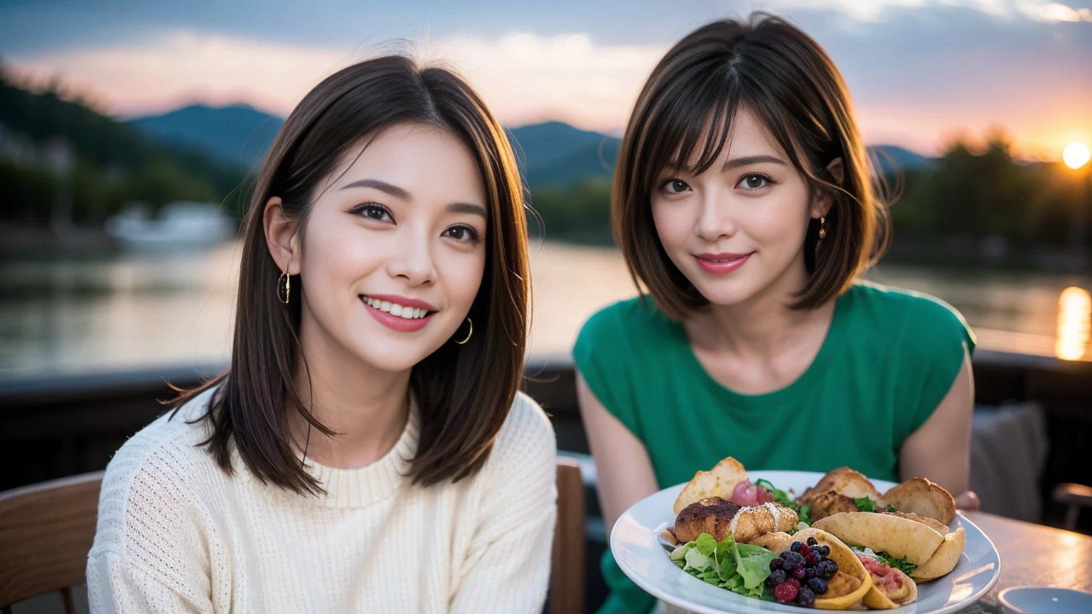 (Realistic:1.1),(masterpiece,Highest quality),8k,(40 years old), 42 years old, slimカップル、Model Couple、Actress/Actor、Tight waist,Upper Body,full-course dinner、wine 、Amazing view of the sunset sky and clouds、Perfect Anatomy, Brown Hair, Short Hair,Random Hairstyles,((Highly detailed face and eyes:1.2))(cute顔:1.4),Beautiful actress face,Perfect golden ratio face,Long sleeve shirt、dress,(smile:1.2)、Shortcuts、cute、(Realistic, Intricate details:1.2), A bright smile、short hair,Bright Face、赤wine 、Appetizers、Italian food、wine bottle、Champagne、スパークリングwine、(slimな顔), (The body is slim), (Brown Hair), (Shortcuts), Upper Body, 白wine, slim, wineグラス,