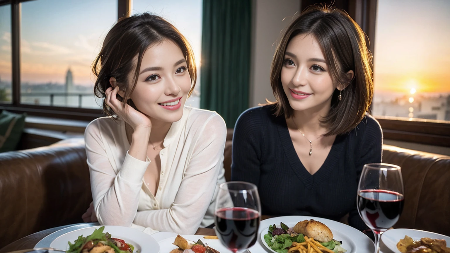 （Realistic:1.1）,(masterpiece,Highest quality)，8k,(40 years old), 42 years old, slimカップル、Model Couple、Actress/Actor、Tight waist,Upper Body,full-course dinner、wine 、Amazing view of the sunset sky and clouds、Perfect ???????, Brown Hair, Short Hair,Random Hairstyles,((Highly detailed face and eyes:1.2))(cute顔:1.4)，Beautiful actress face，Perfect golden ratio face，Long sleeve shirt、dress,(smile:1.2)、Shortcuts、cute、(Realistic, Intricate details:1.2), A bright smile、short hair,Bright Face、赤wine 、Appetizers、Italian food、wine bottle、Champagne、スパークリングwine、(slimな顔), (The body is slim), (Brown Hair), (Shortcuts),  Upper Body, 白wine, slim, wineグラス, 