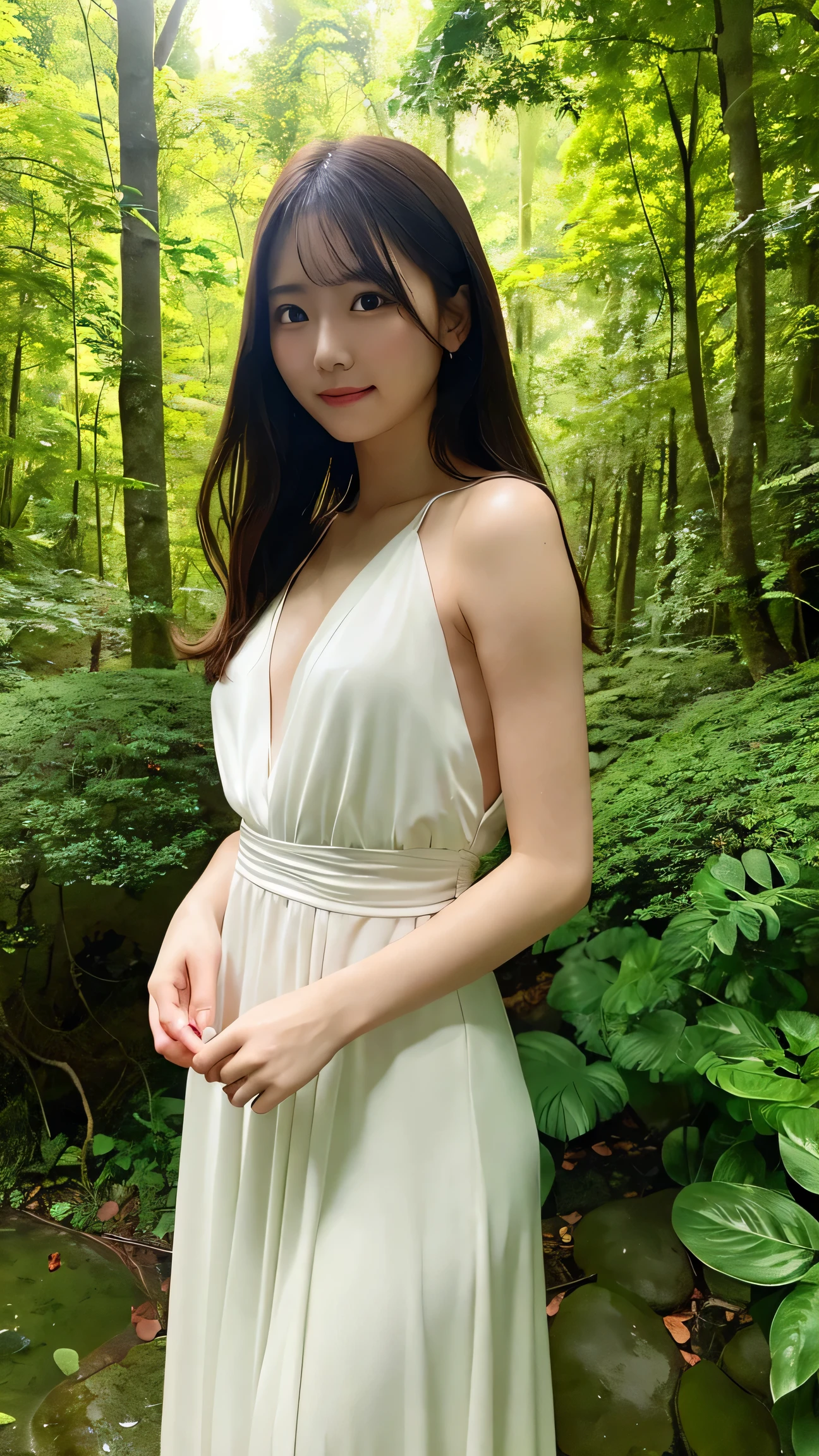 Generate an image of a stunning woman in a flowing dress, standing in the middle of a lush, green forest. The sunlight filters through the trees, casting a soft glow on her. The scene should feel serene, natural, and ethereal