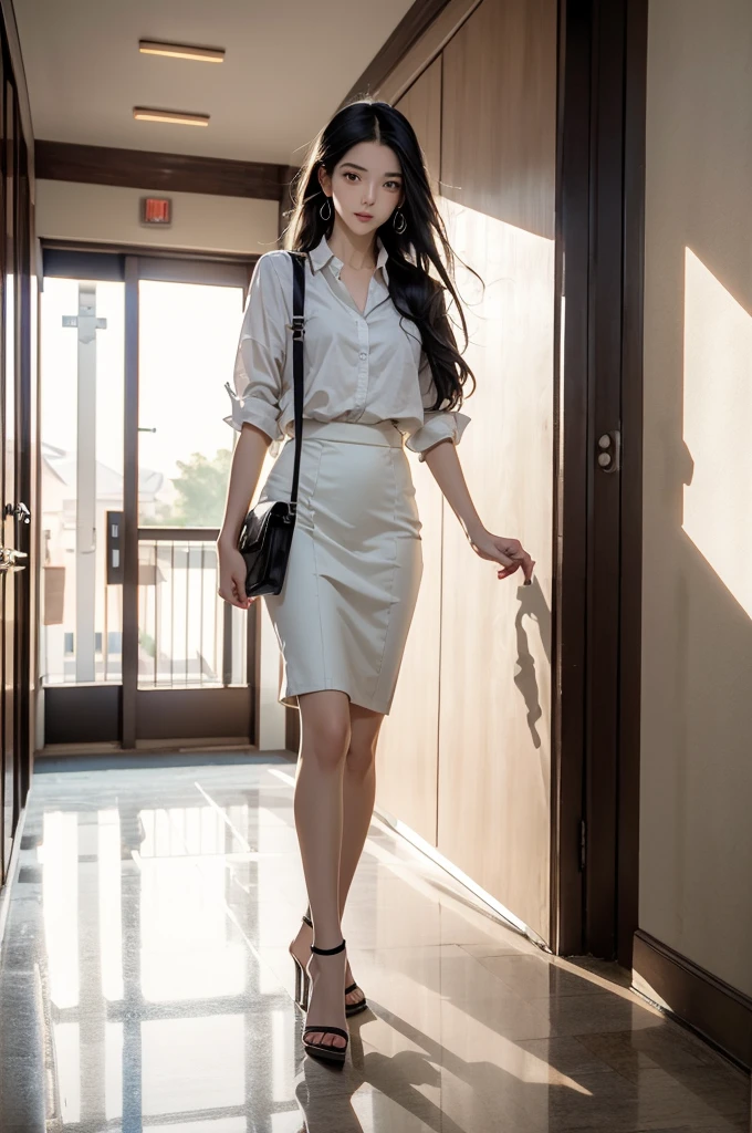 1girl,solo,serious,v-shaped eyebrows,sweat,sweatdrop,clenched teeth,
black hair,long hair,
BREAK
school,debris,fleeing,collapse,indoors,running,(hallway,school hallway),white shirt,pencil skirt,stiletto heels,, ultra wide angle shot,cinematic style,8k,RAW photo,photo-realistic,masterpiece,best quality,highres,extremely detailed,intricate details,absurdres resolution,High quality texture,detailed texture,colorful,professional lighting,radiosity,photon mapping,physically-based rendering,High quality shadow,Ray tracing,perfect body,perfect face,hdr,slim long legs,perfect hands,perfect feet