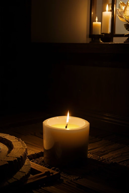 Candle by Buddha statue with lotus behind in the dark