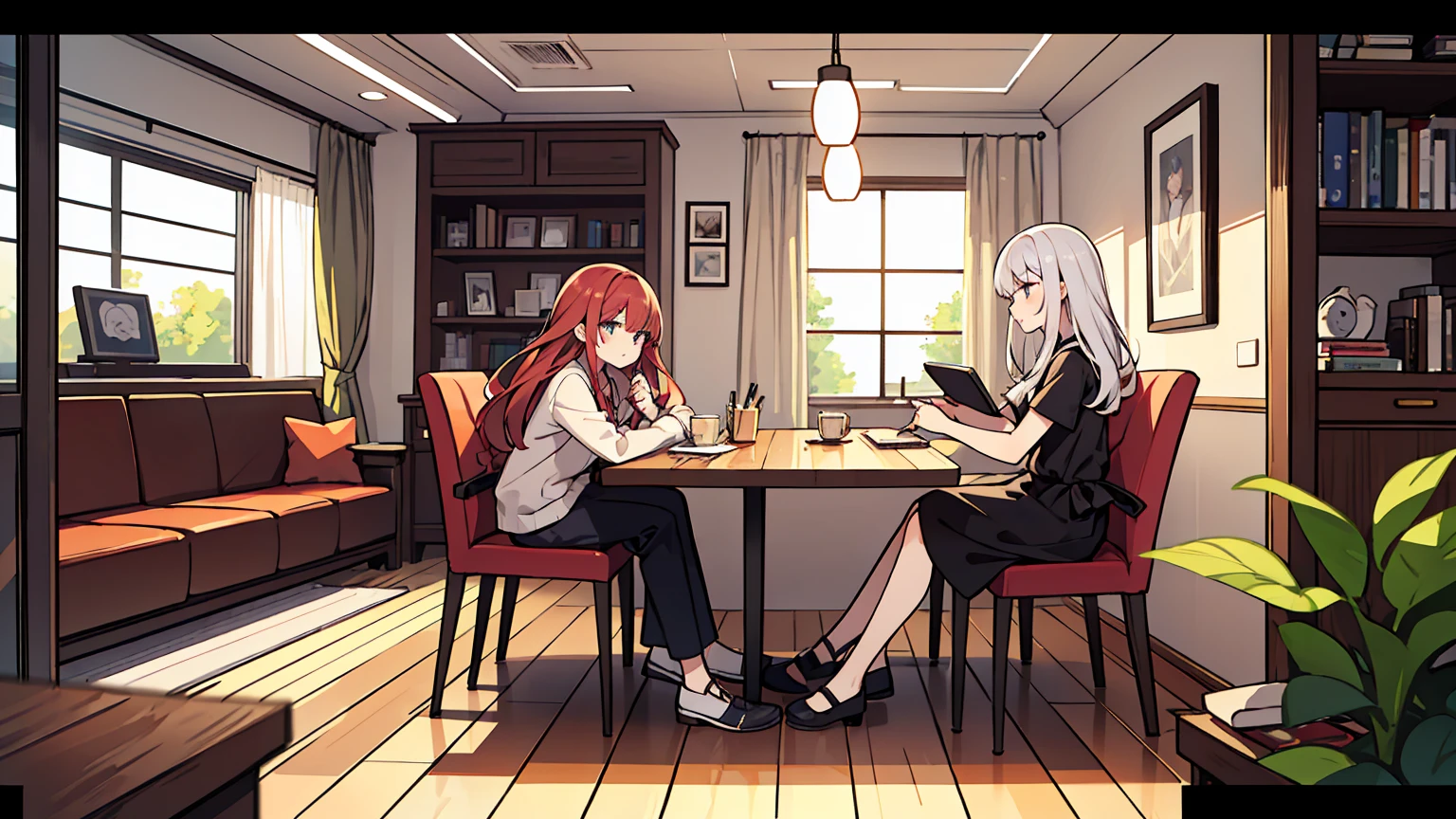 (masterpiece, best quality),Two women with different faces and hairstyles, different hair colors, different faces, long hair, letterboxed, perfection of fashion,chapped lips, casual attire, bust, from the side,View of the beach outside the floor-to-ceiling window,cloud,  at a cafe, study at the table, My eyes are focused on the notes, together, stylish outfit,
