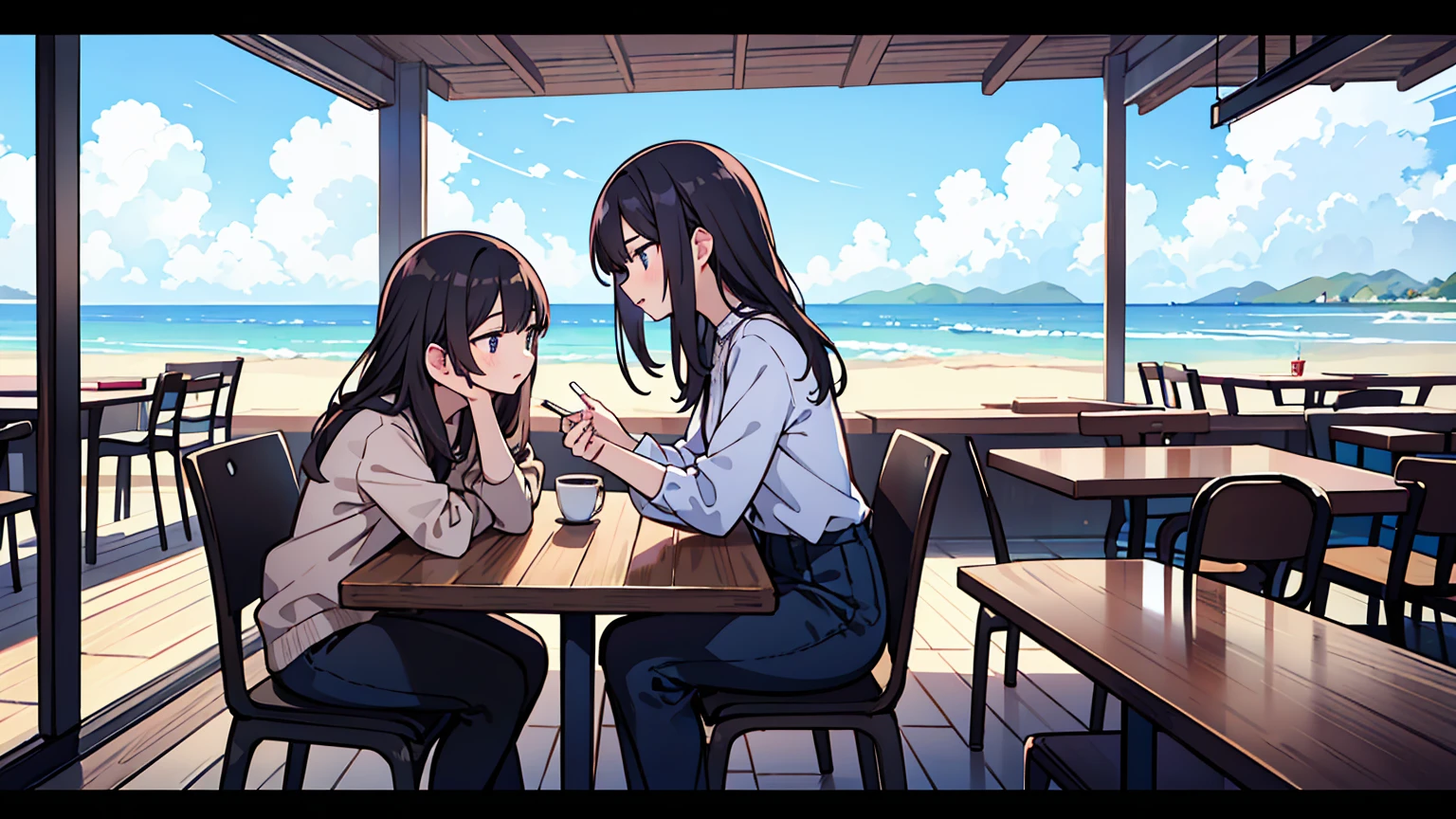 (masterpiece, best quality),Two women with different faces and hairstyles, different hair colors, different faces, long hair, letterboxed, perfection of fashion,chapped lips, casual attire, bust, from the side,View of the beach outside the floor-to-ceiling window,cloud, at a cafe, study at the table, My eyes are focused on the notes, together, stylish outfit,