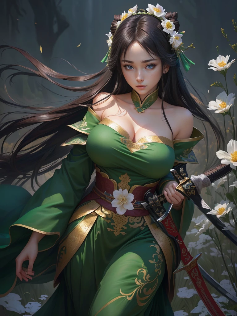 a woman in a green dress holding a sword and a flower, inspired by Li Mei-shu, inspired by Shen Zhou, inspired by Wu Li, inspired by Wu Zuoren, yun ling, inspired by Ju Lian, inspired by Li Tang, full body xianxia, inspired by Qiu Ying, inspired by Lan Ying, xianxia hero, Highly detailed CG unit 8k wallpaper, masterpiece, High resolution, highest quality, highest quality real texture skin, Super Real, Digital Painting, Best image quality, 最High resolution, 8k, ((Highly detailed eyes and face)), 1girl, Beautiful eyes every detail, Full Body Shot, Cleavage, disproportionate breasts, gigantic breasts, erect nipple, Off the shoulder,