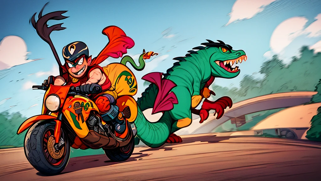 cartoon of a man riding a motorcycle with a dinosaur on the back, underground comix, a digital rendering, by Ed Roth, rat fink style, ratfink, frank kozik, motorbikers race in hell, john kricfalusi