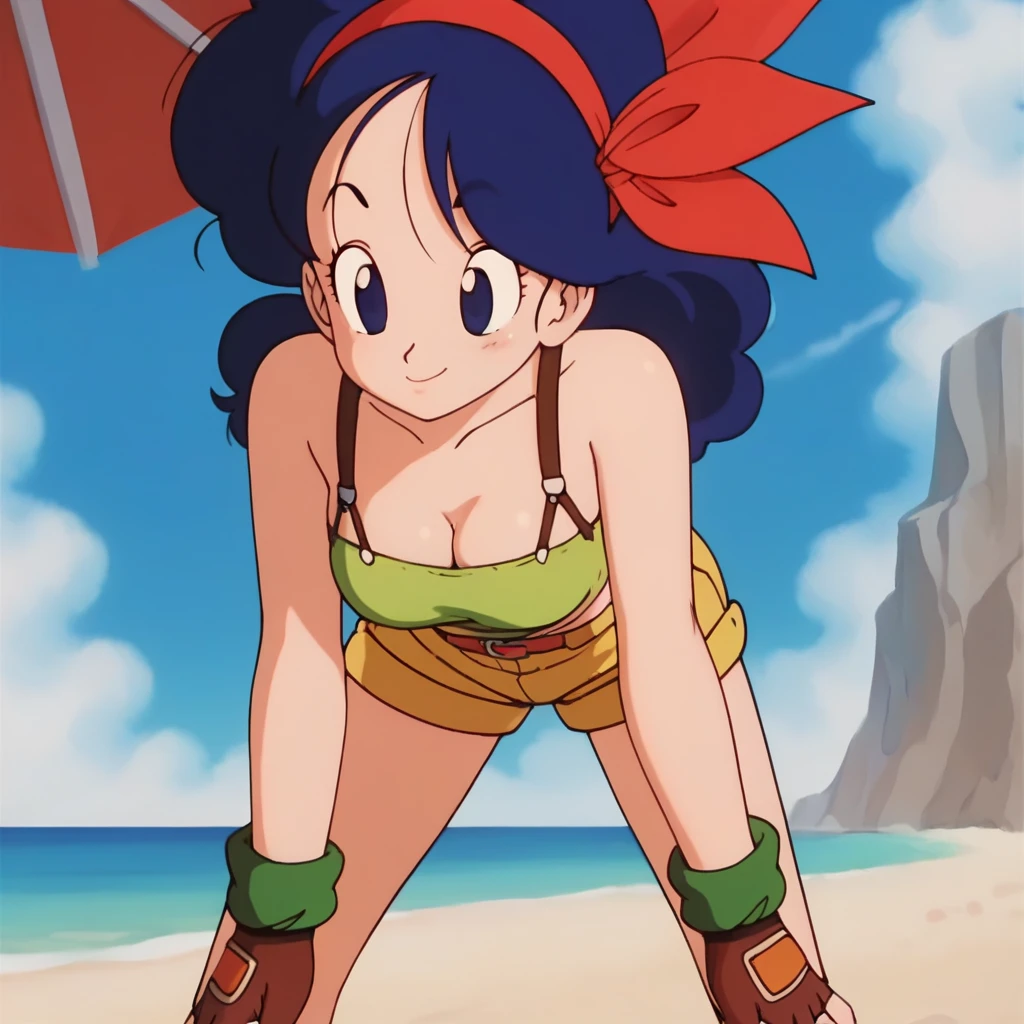 source_anime, score_9, score_8_up, score_7_up, anime screencap, high quality, launch good, 1girl, solo, blue hair, breasts, fingerless gloves, shorts, leaning forward, press breasts together, blue eyes, cleavage, green crop top, long hair, sky, cloud, curly hair, blue sky, midriff, day, medium breasts, outdoors, brown gloves, ribbon, short shorts, red hairband, bare shoulders, collarbone, yellow shorts, shirt, red footwear, green legwear, eyelashes, seaside