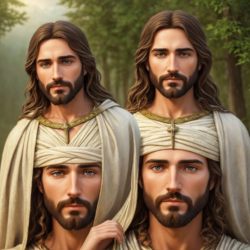 A photorealistic depiction of Jesus in biblical times, captured with meticulous detail and accuracy. Jesus is depicted in full face, gazing directly at the camera with calm, serene, and loving eyes, exuding a sweet, inviting look. The background features soft, ethereal lights, casting a warm, yet subtle glow on Jesus's face. The whole environment is crystal clear, as if one can almost step into the scene. This masterpiece, titled "The Serene Savior," is a photographic work of art by renowned artist Busto – s2.