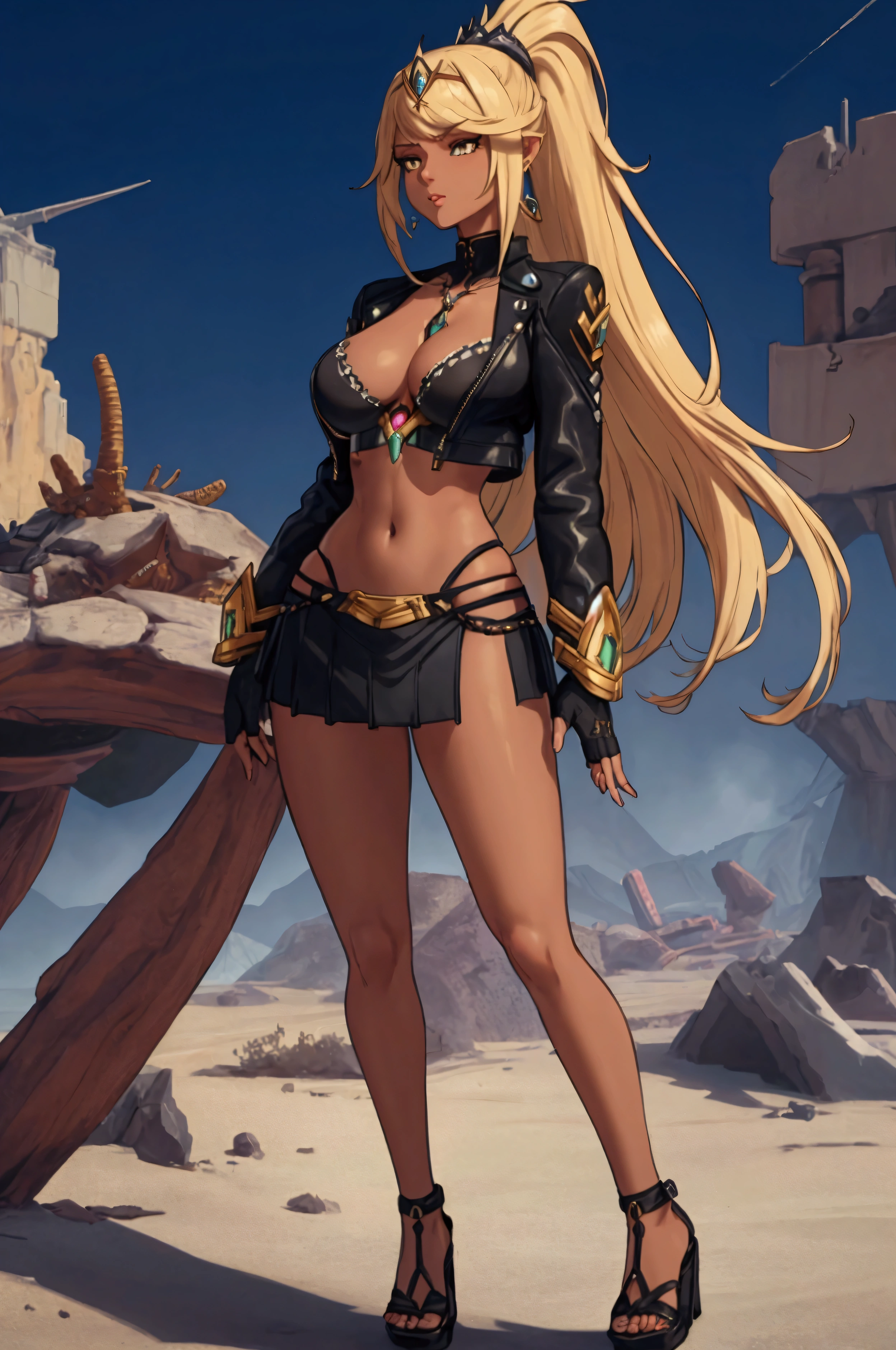 8K, Top Quality, Intricate Details, Ultra Detail, Ultra High Resolution, Masterpiece, full body, Very tall, dark skinned Mythra from Xenoblade 2; slender, blonde hairs and incredible long ponytail; strong makeup; brown eyes; small pointy breast; sensual midriff; wearing superhighplatform sandals, desert abandoned city, jewelery, necklace, earrings, black bikini top, short leather jacket, thongs with a lot of strings, leather skirt, long fingernails; gloves, rings, best quality, expressive eyes, perfect face, masterpiece, slim body, very long legs, detailed stomach, detailed hips, detailed legs, carefully drawn toes, carefully drawn feet, carefully drawn hands, best quality, drawn with careful, Dynamic Angle, Highly detailed, seductive eyes, NTR