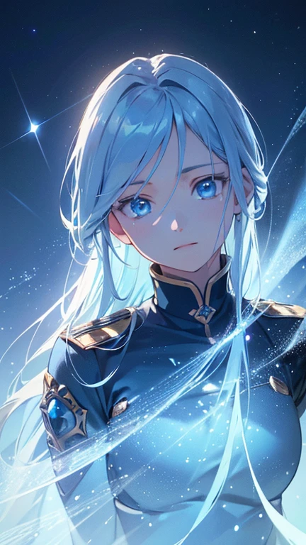 Beautiful and exquisite blue god, Striking sky-blue eyes, Blue military uniform with attention to detail, Vast blue sky, Calm blue sea, Sparkling light particles, (Highest quality,4K,8k,High resolution,masterpiece:1.2),Very detailed,(Realistic,photoRealistic,photo-Realistic:1.37),Cinema Lighting,Dramatic atmosphere,Vibrant colors,Intricate details,Exquisite digital art