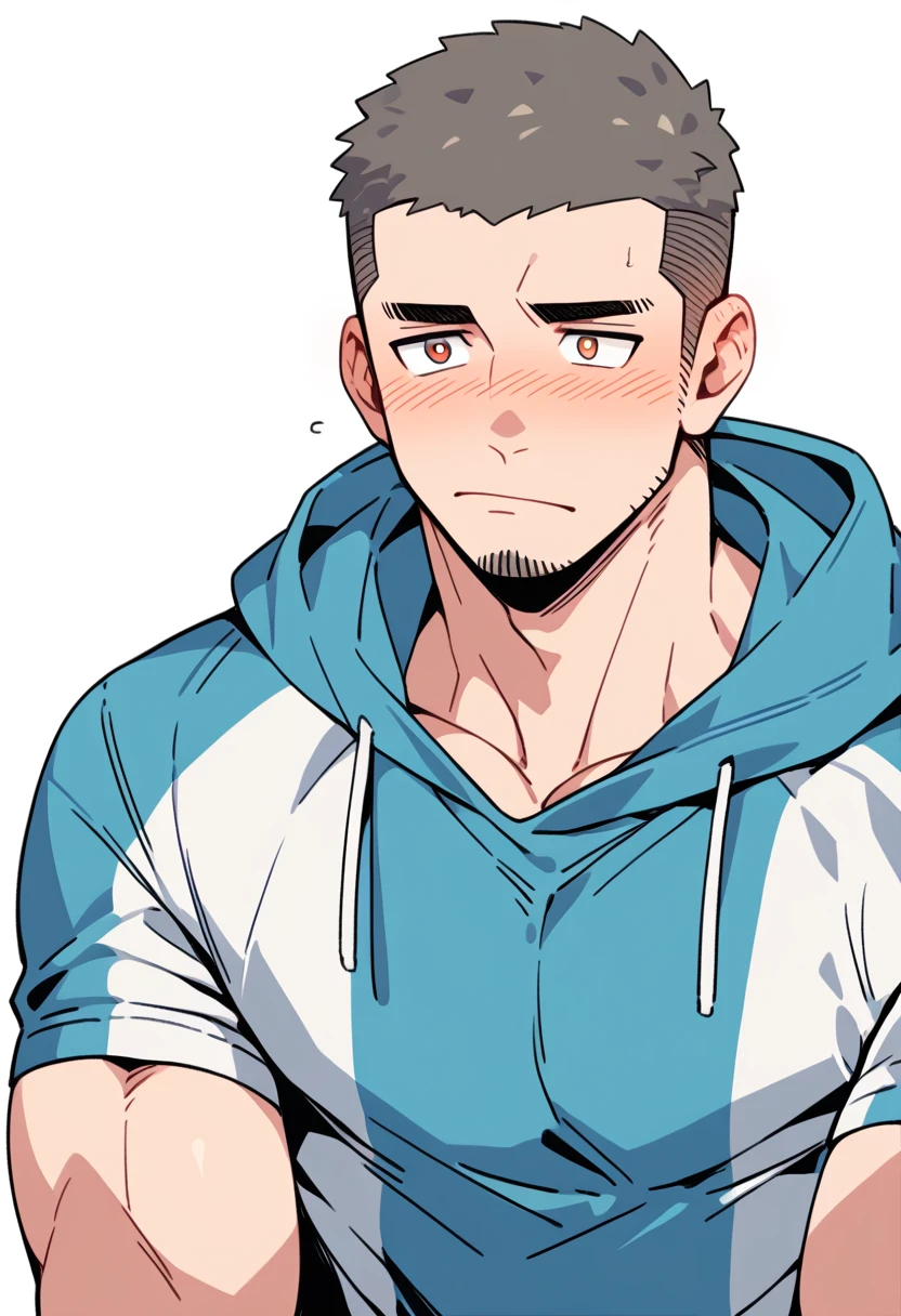 anime characters：Priapus, Muscle Sports Student, Buzz Cut, Manliness, male focus, Sports tight hooded sweatshirt, Very tight, full and perky chest muscles, muscular male, muscular, only, Upper body, alone, Black short hair, Thick eyebrows, stubble, Brown-red pupils, White background, simple background, amazing quality, best aesthetics, Ridiculous, crew cut, blush, A bright rose in the mouth, embarrassed, shy, endured face, negative space, best quality