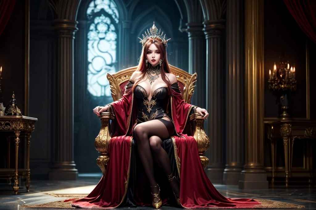 In the dark castle throne room on the huge royal throne in seductive pose siting beatiful demon queen, She have beautiful face with pink eyes rakr eye shadows and dark lipstick sexy make up, golden ring shape earrings on her ponty ears. she have long gorgeous bloody red hair.. dressed in majestic sexy black royal robe with golden metal parts, also she have tattoo all over her body her hands have lonf beautiful nails, (ultra high quality fantasy art, ghothic dark fantasy style, masterpiece, ultra high quality character design, 8k quality anime art, realistic anime art, top quality wallpaper illustration, detailed ultra high quality accurate face, high quality design and accurate physic)