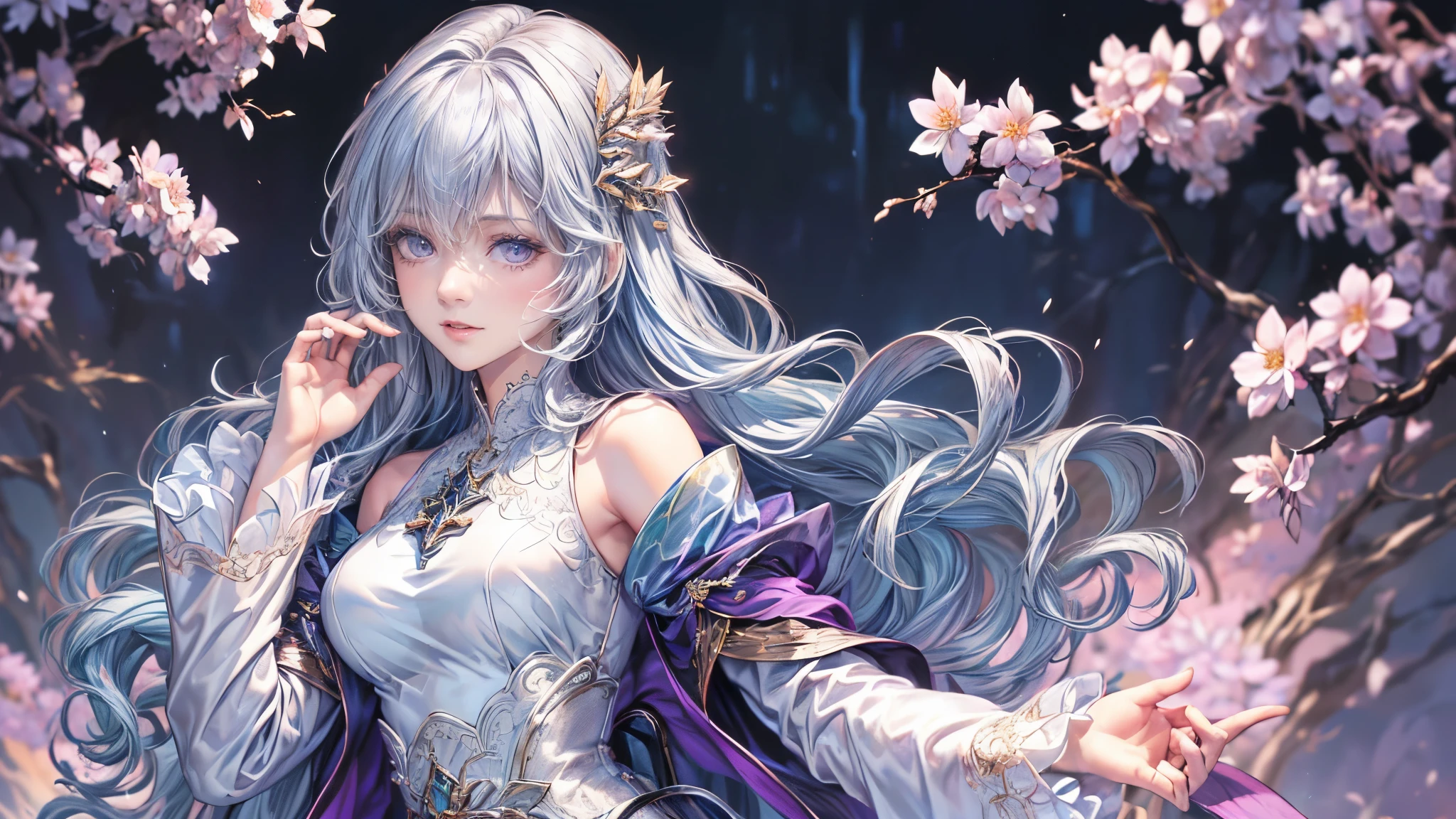 (8k, 最high quality, masterpiece: 1.2), Long walking stick,White robe,beautiful girl,Moonlit Night,sexy,Glamour,Purple eyes,sacred,Dynamic pose,One Girl,Flower Field,Lakeside(the best品質を最高に8k, CG, Beautiful and exquisite upper body, Floral forest background, Complex facial features, Almond Eyes, Exquisite eye makeup, Long eyelashes fluttering, Blinking big eyes, (masterpiece, 最high quality, the best, Official Art, Beautiful and beautiful, Long-term exposure: 1.2), Smooth movement, Attractive patterns, 1 Girl, (Long sleeve dress: 1.3), (((White clothes) )), Delicate face,Lavender colored hair,Wavy Hair, Gradient Hair,Long Hair, Bare shoulders, ,Detailed Background, Delicate face,, Dynamic pose, Suspended particles, Ethereal atmosphere,gem,One Girl,goddess，Delicate and beautiful face,Flowing，Perfect balance, Detailed clothing details,Cinema Lighting, Film Grain, Fujicolor, masterpiece, Textured skin, Very detailed, High detail, high quality, High resolution,