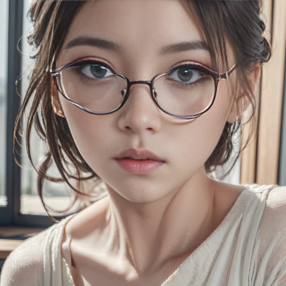 1girl, standing in Japanese style living room, 4'10" stature, and delicate figure, long black hair in half updo, cute pouty face, wearing a cropped sweater, ripped skinny jeans, large black-rimmed glasses, full body portrait, living room view, barefoot, (best quality, 4k, 8k, highres, masterpiece:1.2), ultra-detailed, (realistic,photorealistic, photo-realistic:1.37), detailed eyes, detailed lips, detailed eyes, extremely detailed face and features, long eyelashes, natural lighting, warm color tone, soft focus, cinematic composition