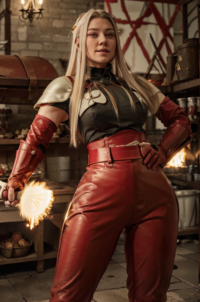 russian goddess short white hair, tomboy cut, round face, fine nose, paper-clear skin, red leather pants, wearing a red blood armor breastplate, red armor gloves, holding a butcher knife in one hand, coal black eyes, macabre smile