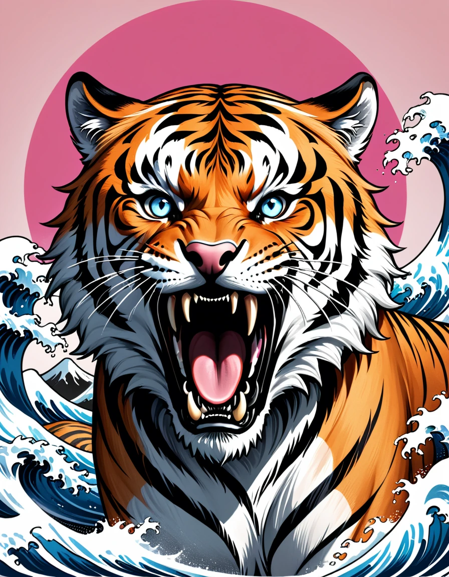 realistic tattoo art of Orange tiger with (((Blue eyes))) with pink sakura petal effect ,he is with open mouth looking very fierce and angry, the background is Japanese wave tattoo, (Unity 16K Wallpaper, masterpiece, Best Quality, high quality, Ultra-detailed, extremely details), a tattoo design, realistic tattoo art of Orange tiger with (((Blue eyes))) with pink sakura petal effect ,he is with open mouth looking very fierce and angry, the background is Japanese wave tattoo,
