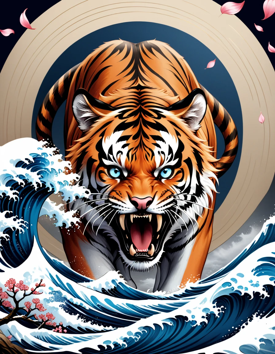 realistic tattoo art of Orange tiger with (((Blue eyes))) with pink sakura petal effect ,he is with open mouth looking very fierce and angry, the background is Japanese wave tattoo, (Unity 16K Wallpaper, masterpiece, Best Quality, high quality, Ultra-detailed, extremely details), a tattoo design, realistic tattoo art of Orange tiger with (((Blue eyes))) with pink sakura petal effect ,he is with open mouth looking very fierce and angry, the background is Japanese wave tattoo,