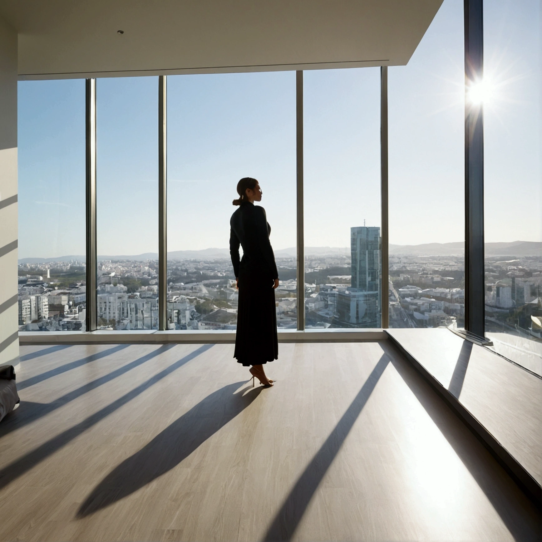 figure, style, Money, Decoration, nice,, Modern, room, Light, bright, Moneyen hues, Floor-to-ceiling windows, sunlight, viewing angle, Wide angle