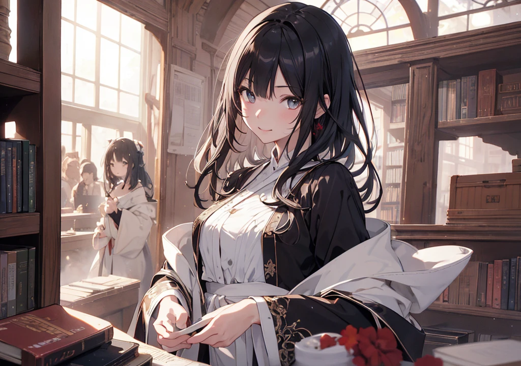 Realistic photos, Focus distance 10mm, Red and white, A big smile, Beautiful girl, Realistic photos, Focus distance 10mmで撮影, masterpiece, 最high quality, high quality, Very detailed CG 8k wallpaper unit, Award-winning photography, Depth of written boundary, High resolution, bloom, chromatic aberration, Realistic, Very detailed, Art Station Trends, CGsociety Trends, Complex, High detail, dramatic, Art on the go, volumetric lighting, Final Fantasy style beautiful girl、Silver Eyes、Black hair straight、Wearing a mysterious robe、Ancient library in the background