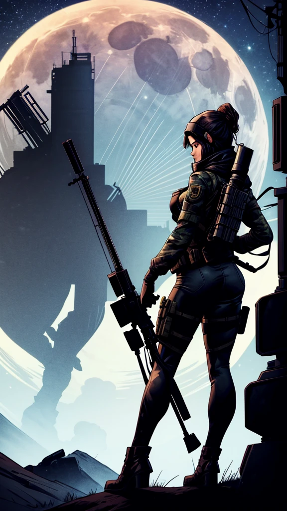 digital drawing, comics book drawing, full body photo, silhouette of a female sniper with a sniper rifle in sniper outfit against the background of a full moon, dark silhouette of a sniper aiming with a sniper rifle against the background of a bright big moon, sniper outfit, camouflage