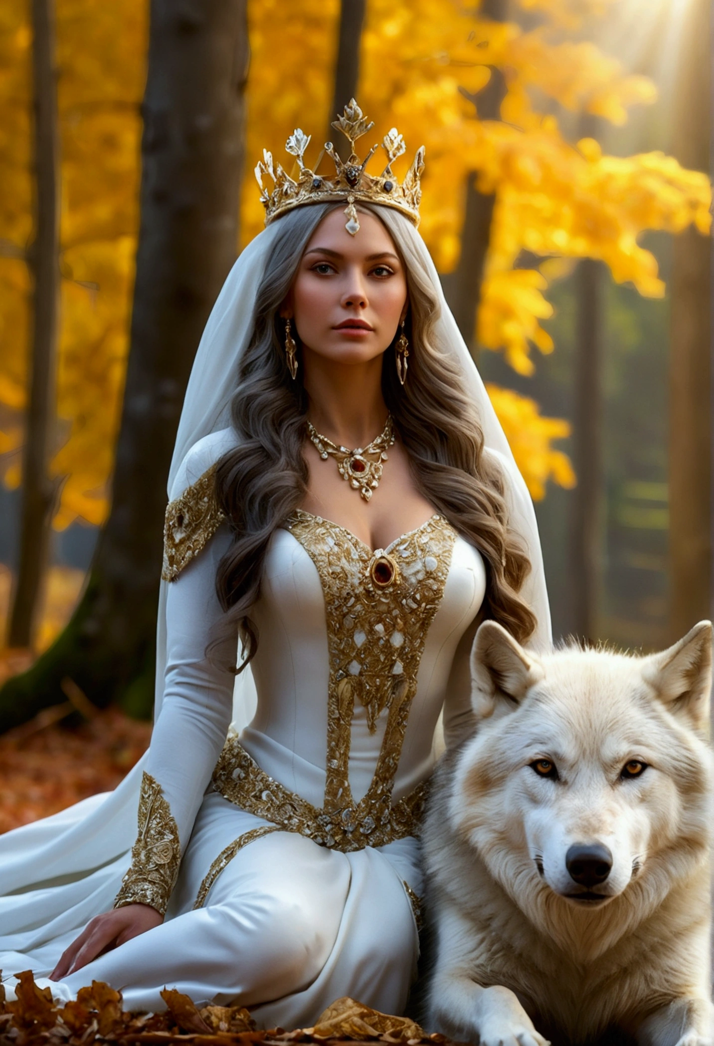 Masterpiece, A beautiful queen, crowned with gold and diamonds sits in the forest in autumn, accompanied by a large white wolf, on the edge of a clear and very beautiful river, high definition at 4k resolution, sharp focus, with very detailed facial features and realistic visual style, high detail face, high detail skin, high resolution, photo-realistic, cinematic lighting, depth of field, bokeh