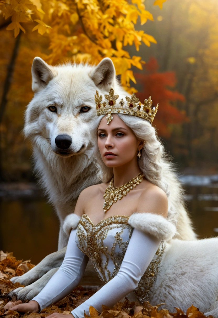 Masterpiece, A beautiful queen, crowned with gold and diamonds sits in the forest in autumn, accompanied by a large white wolf, on the edge of a clear and very beautiful river, high definition at 4k resolution, sharp focus, with very detailed facial features and realistic visual style, high detail face, high detail skin, high resolution, photo-realistic, cinematic lighting, depth of field, bokeh