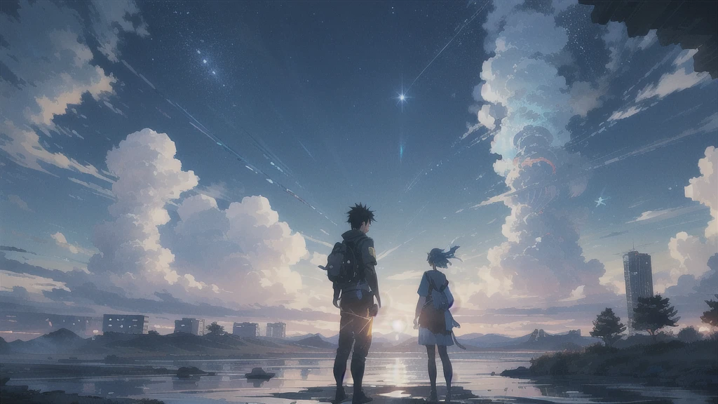 真っ暗なnight空,Octane, star (null), scenery, Blue parakeet,The acoustic guitar is in front of the body.,star, night, A girl and a boy standing back to back, Back view, alone, Outdoor, city,river,Blue parakeet,building, cloud, 天のriver,silhouette