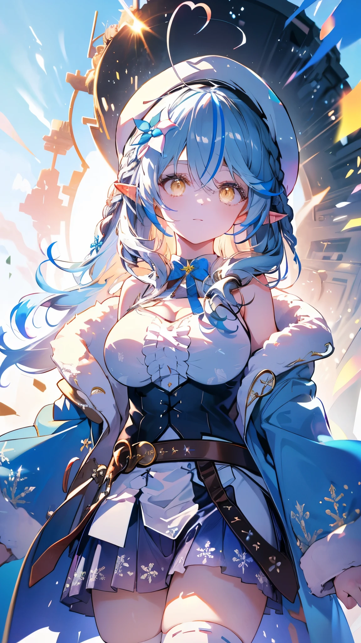 (Ultra-high resolution,masterpiece, Attention to detail, Highest quality), 8k,(aalamy, long hair, streaked hair, ahoge, braid, beret, white headwear, hair flower, blue bowtie, cleavage, clothing cutout, white shirt, off shoulder, sleeveless, black corset, blue coat, snowflake print, fur-trimmed coat, open clothes, white thighhighs, brown belt, blue skirt),(Blessed,Captivating body、Ultra-detailed skin、Super beautiful eyes、Detailed Background),One girl、 (enjoy :1.5),